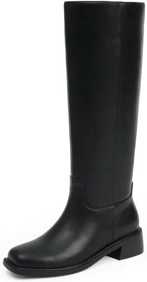 Knee High Boots Women Faux Leather Slip on Boots Low Heel Square Toe Fall Long Tall Boots for Women