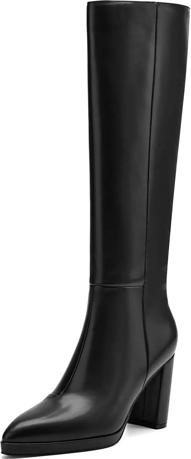 Knee High Boots Women Platform Chunky Go Go Boots Pointed Toe Tall Boots Fashion Long Boots Block High Heels Side Zip
