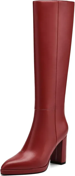 Knee High Boots Women Platform Chunky Go Go Boots Pointed Toe Tall Boots Fashion Long Boots Block High Heels Side Zip