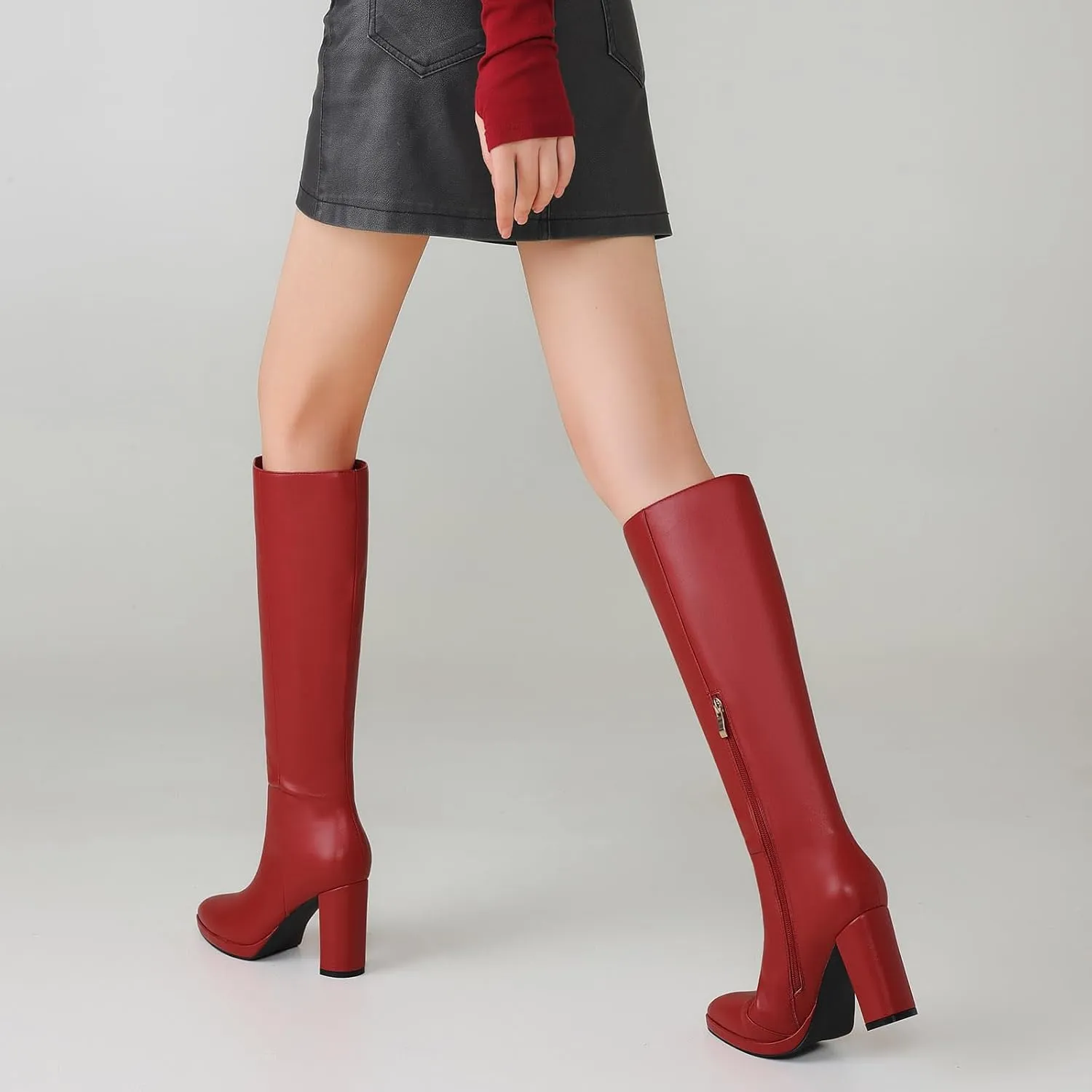 Knee High Boots Women Platform Chunky Go Go Boots Pointed Toe Tall Boots Fashion Long Boots Block High Heels Side Zip