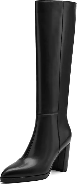 Knee High Boots Women Platform Chunky Go Go Boots Pointed Toe Tall Boots Fashion Long Boots Block High Heels Side Zip