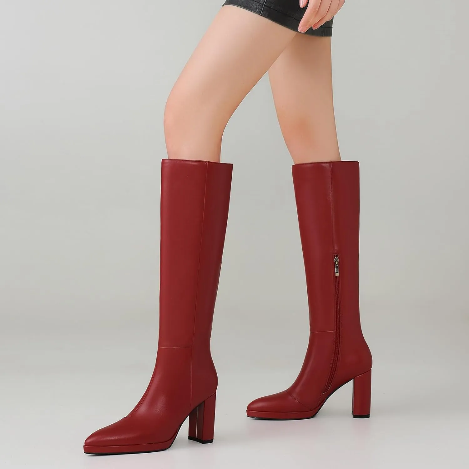 Knee High Boots Women Platform Chunky Go Go Boots Pointed Toe Tall Boots Fashion Long Boots Block High Heels Side Zip