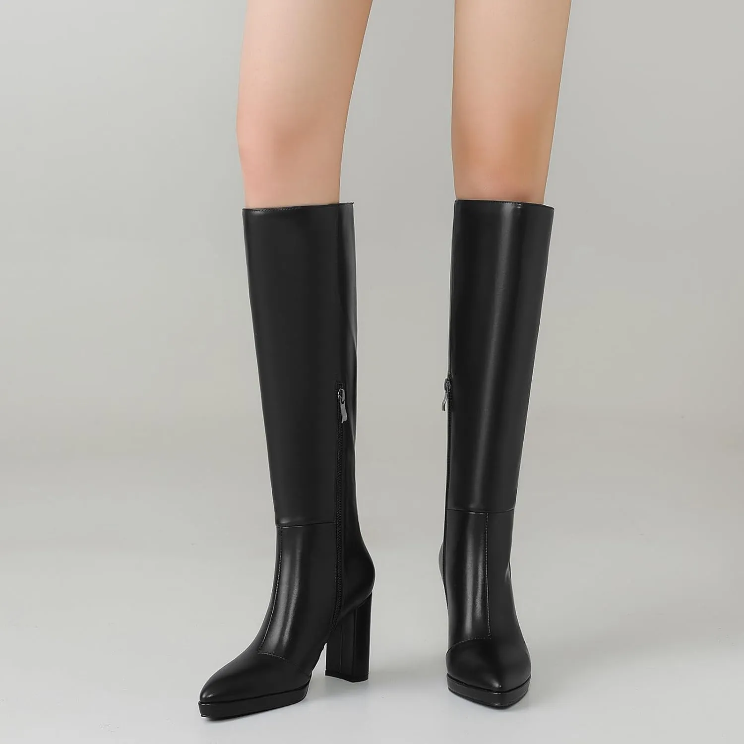 Knee High Boots Women Platform Chunky Go Go Boots Pointed Toe Tall Boots Fashion Long Boots Block High Heels Side Zip