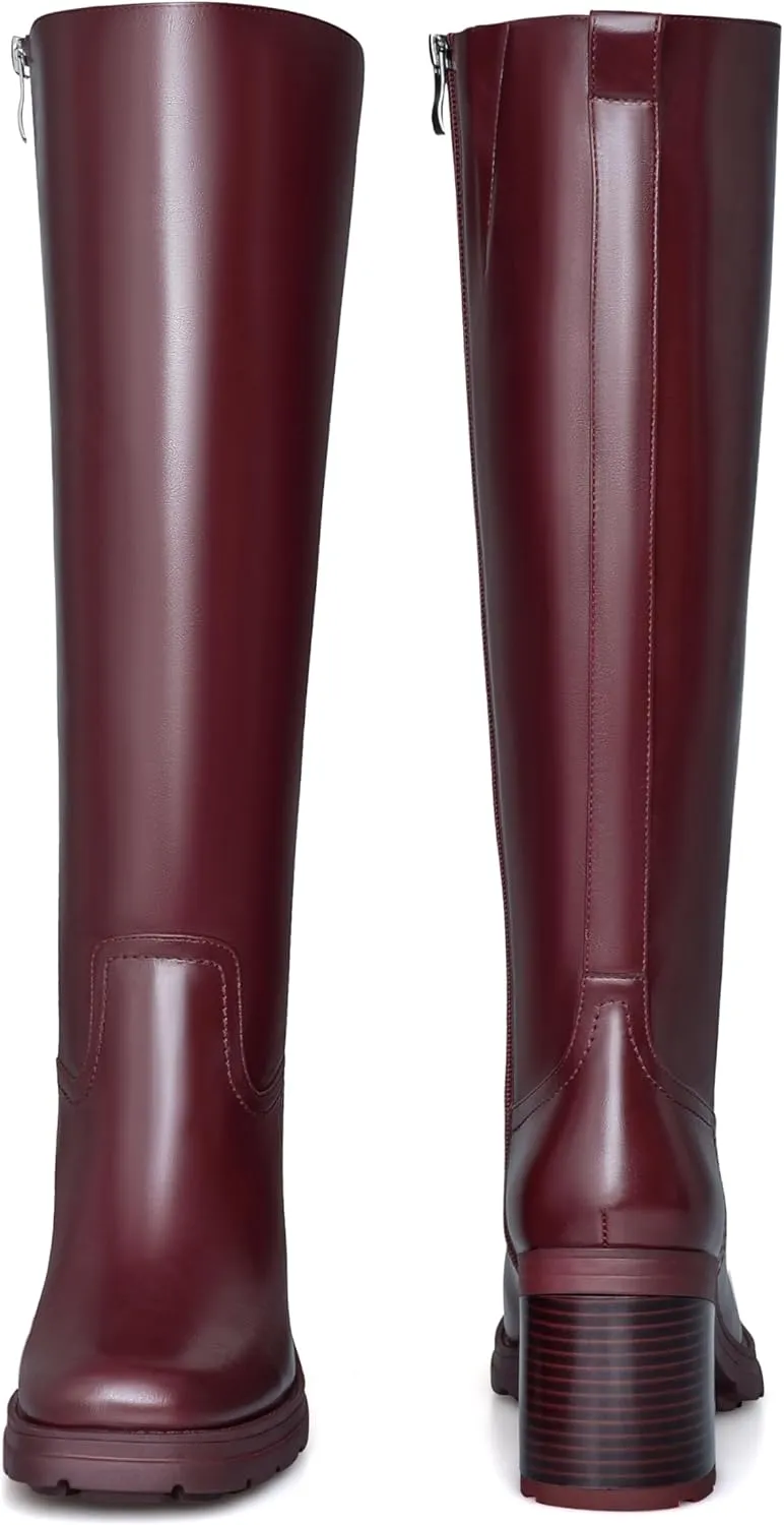Knee High Boots Women Platform Lug Sole Knee Boots Square Toe Stacked Chunky Heels Long Fall Boots with Zippers