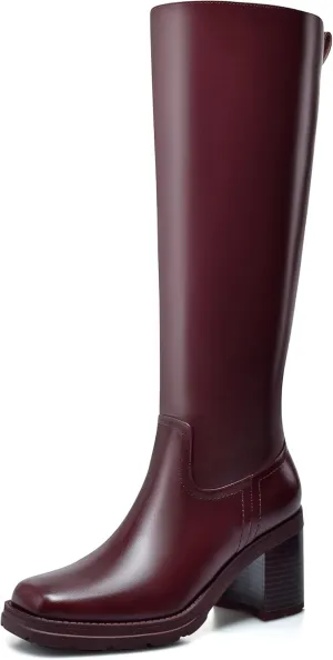 Knee High Boots Women Platform Lug Sole Knee Boots Square Toe Stacked Chunky Heels Long Fall Boots with Zippers