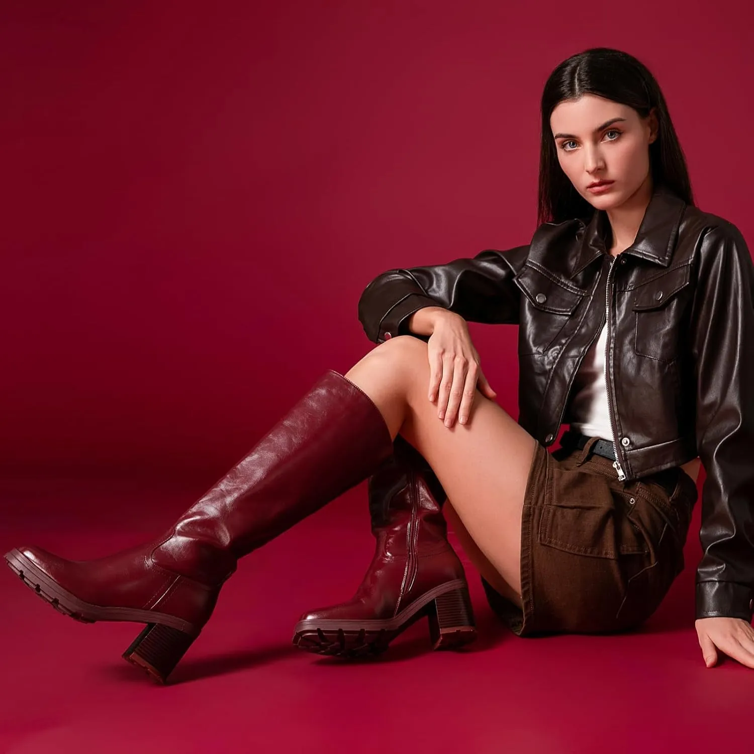 Knee High Boots Women Platform Lug Sole Knee Boots Square Toe Stacked Chunky Heels Long Fall Boots with Zippers