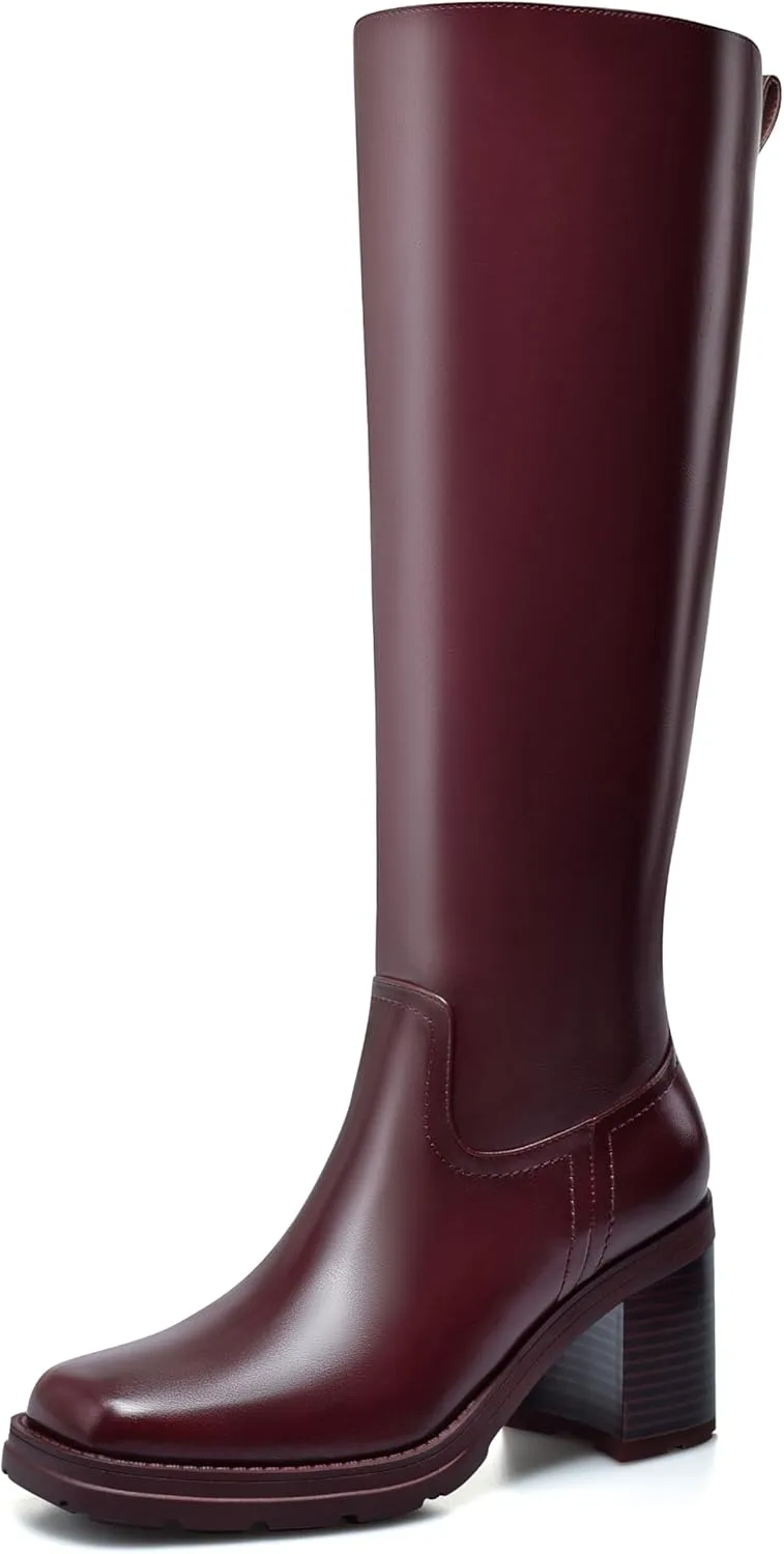 Knee High Boots Women Platform Lug Sole Knee Boots Square Toe Stacked Chunky Heels Long Fall Boots with Zippers