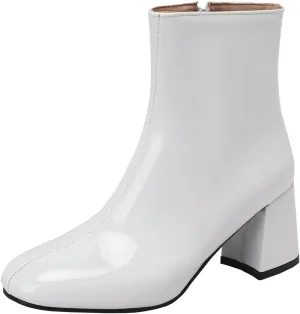 KysBloes Women Patent Leather GOGO Boots Square Toe Chunky Heel Ankle Boots Side Zip Block Heel Winter Booties