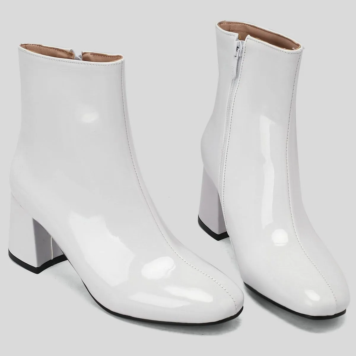 KysBloes Women Patent Leather GOGO Boots Square Toe Chunky Heel Ankle Boots Side Zip Block Heel Winter Booties