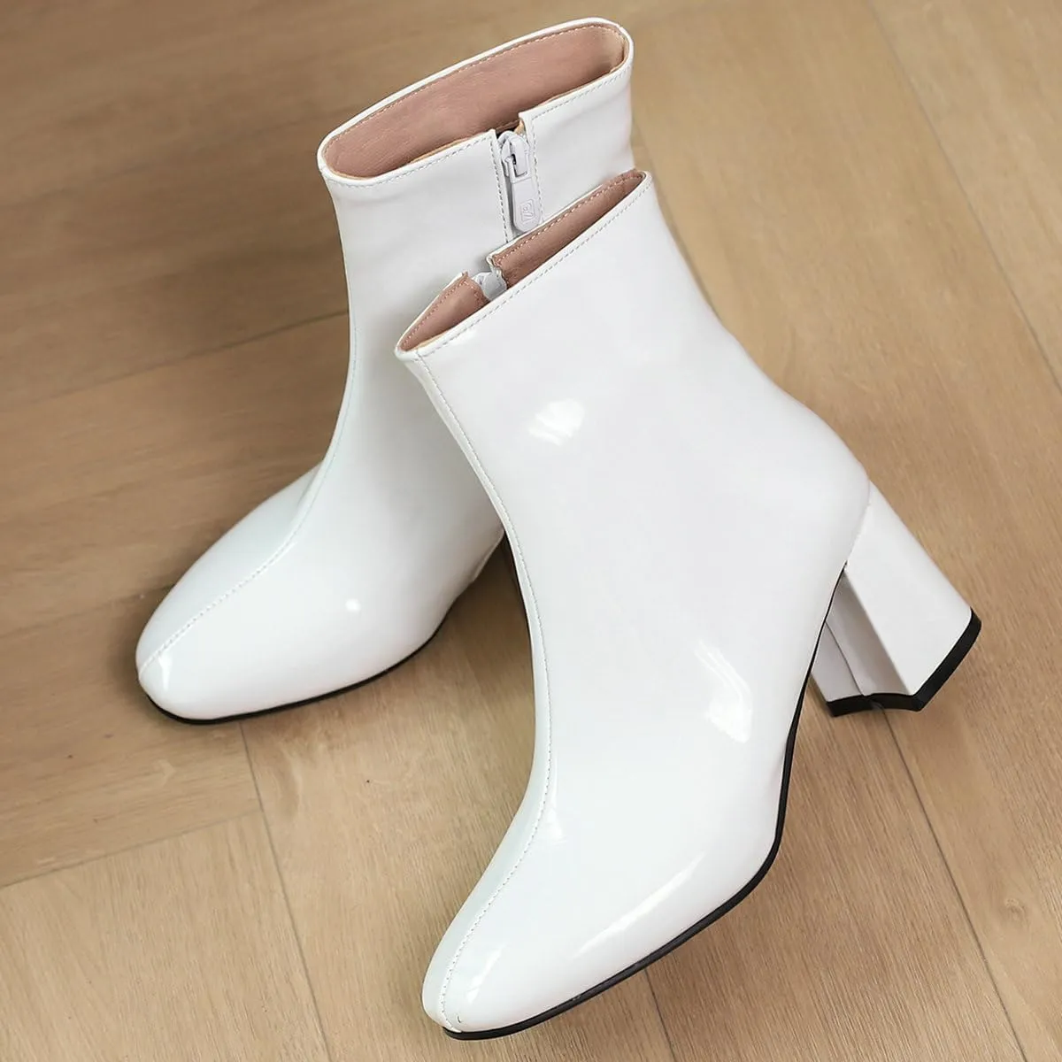 KysBloes Women Patent Leather GOGO Boots Square Toe Chunky Heel Ankle Boots Side Zip Block Heel Winter Booties
