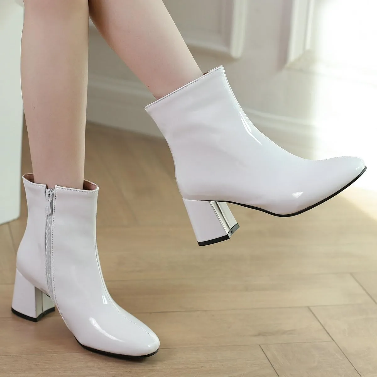 KysBloes Women Patent Leather GOGO Boots Square Toe Chunky Heel Ankle Boots Side Zip Block Heel Winter Booties