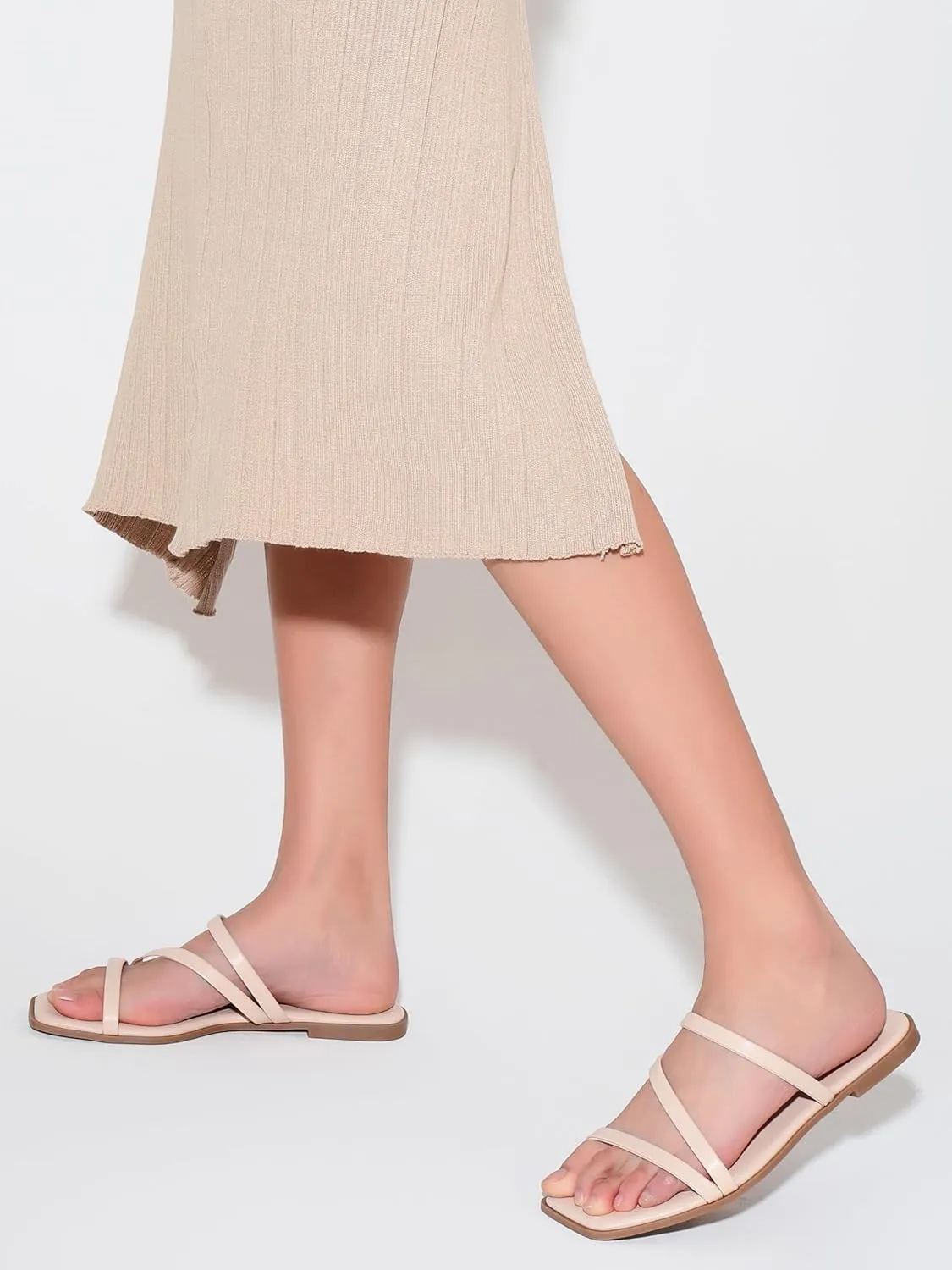 LACUONE Strappy Flat Sandals For Women Slip On Square Open Toe Slides Sandals