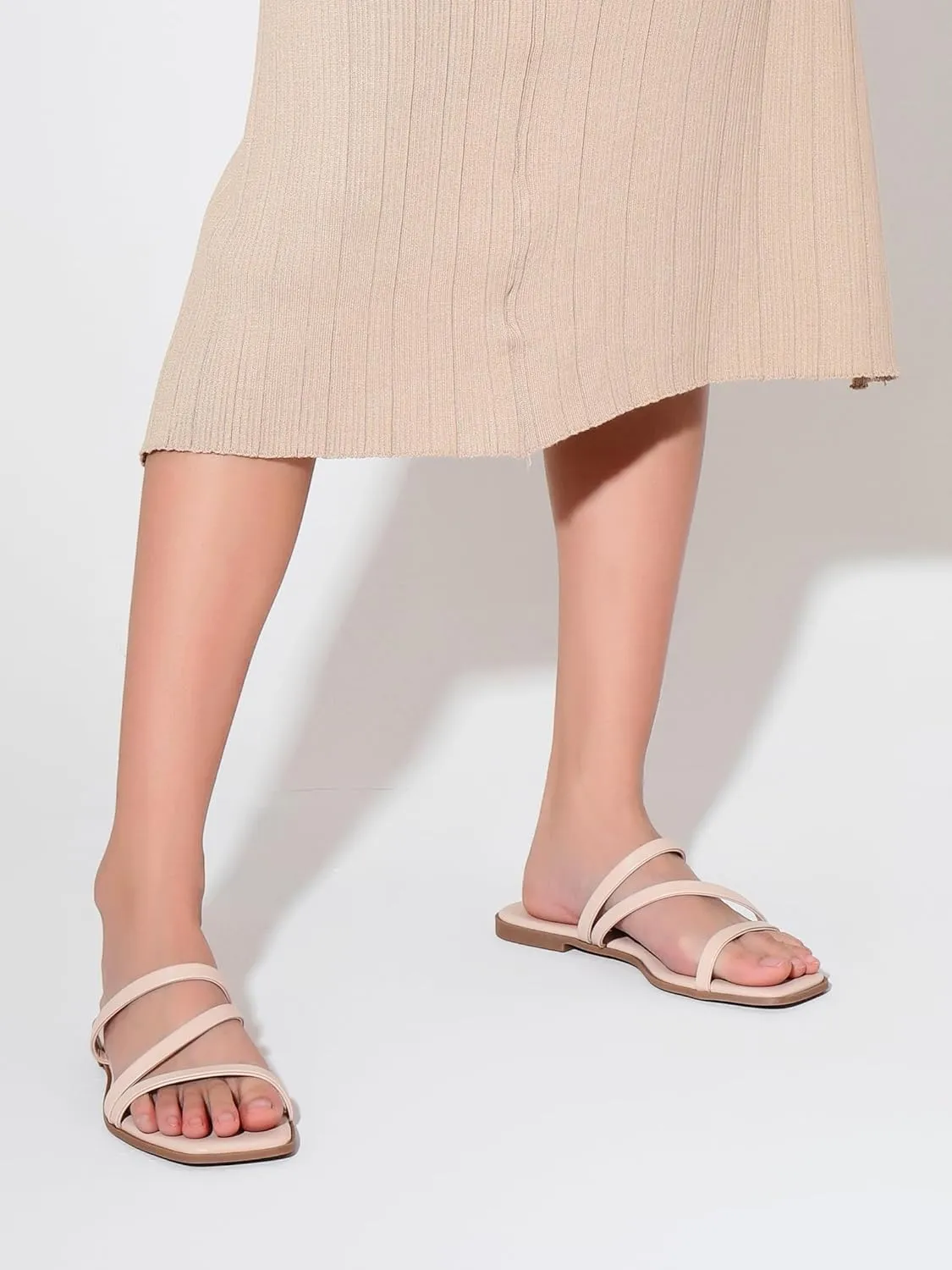 LACUONE Strappy Flat Sandals For Women Slip On Square Open Toe Slides Sandals