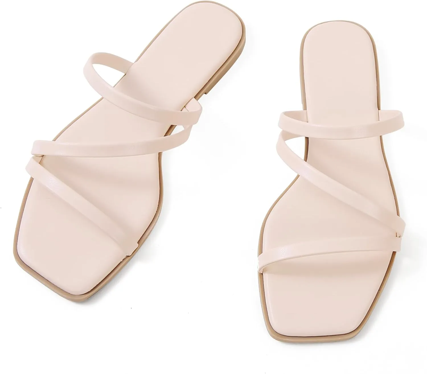 LACUONE Strappy Flat Sandals For Women Slip On Square Open Toe Slides Sandals
