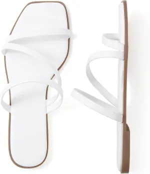 LACUONE Strappy Flat Sandals For Women Slip On Square Open Toe Slides Sandals