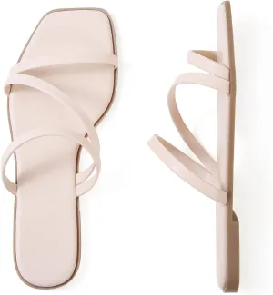 LACUONE Strappy Flat Sandals For Women Slip On Square Open Toe Slides Sandals