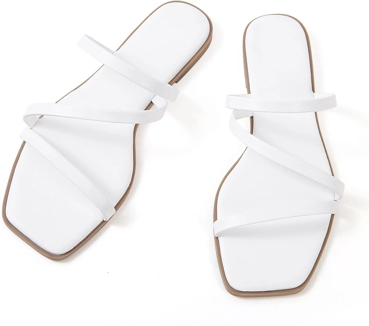 LACUONE Strappy Flat Sandals For Women Slip On Square Open Toe Slides Sandals