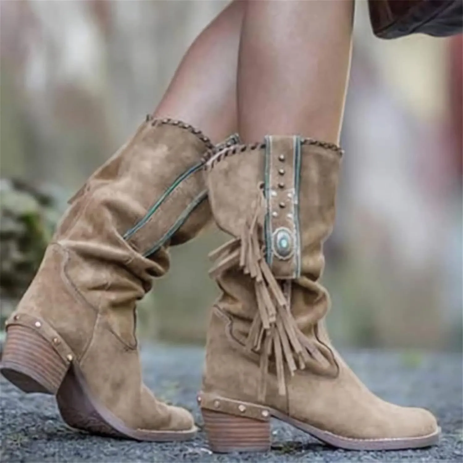 Ladmiple Fringe Boots For Women Boho Cowboy Boots Cowgirl Mid Calf Western Ankle Boots Pull on Fashion Short Booties Walking Shoes
