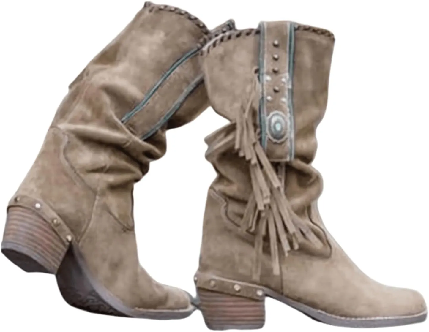 Ladmiple Fringe Boots For Women Boho Cowboy Boots Cowgirl Mid Calf Western Ankle Boots Pull on Fashion Short Booties Walking Shoes