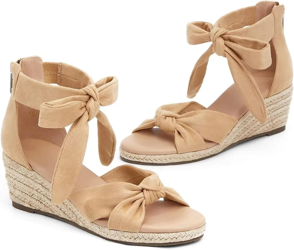 LAICIGO Womens Espadrilles Wedge Sandals Back Zipper Closure Open Toe Platform Ankle Strap Summer Dress Shoes with Bow