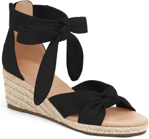 LAICIGO Womens Espadrilles Wedge Sandals Back Zipper Closure Open Toe Platform Ankle Strap Summer Dress Shoes with Bow