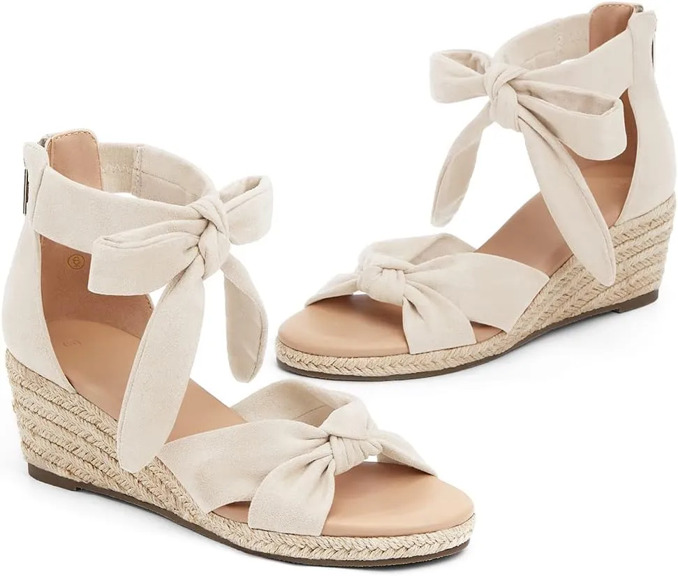 LAICIGO Womens Espadrilles Wedge Sandals Back Zipper Closure Open Toe Platform Ankle Strap Summer Dress Shoes with Bow