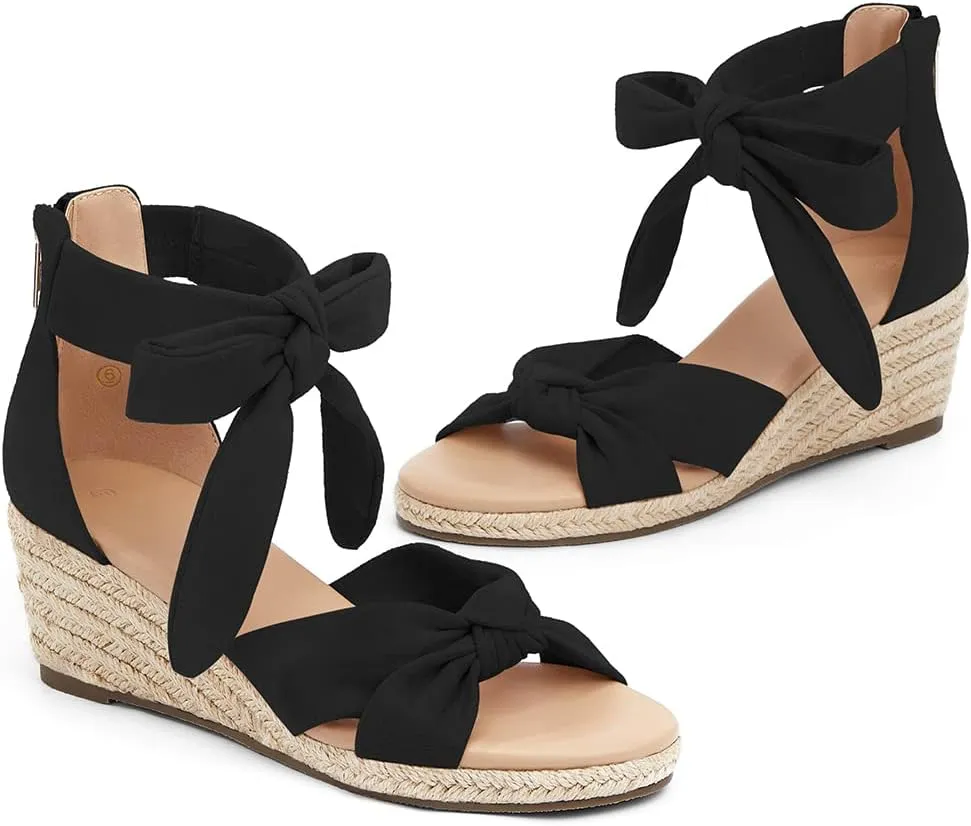 LAICIGO Womens Espadrilles Wedge Sandals Back Zipper Closure Open Toe Platform Ankle Strap Summer Dress Shoes with Bow