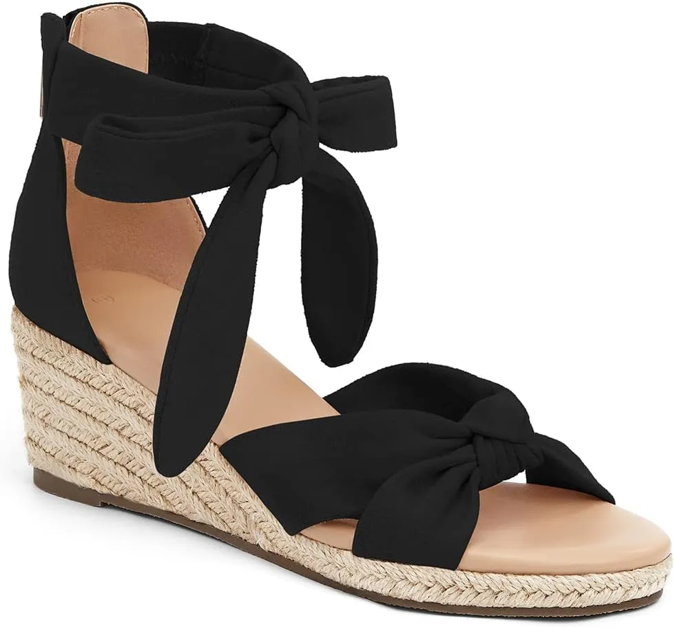 LAICIGO Womens Espadrilles Wedge Sandals Back Zipper Closure Open Toe Platform Ankle Strap Summer Dress Shoes with Bow