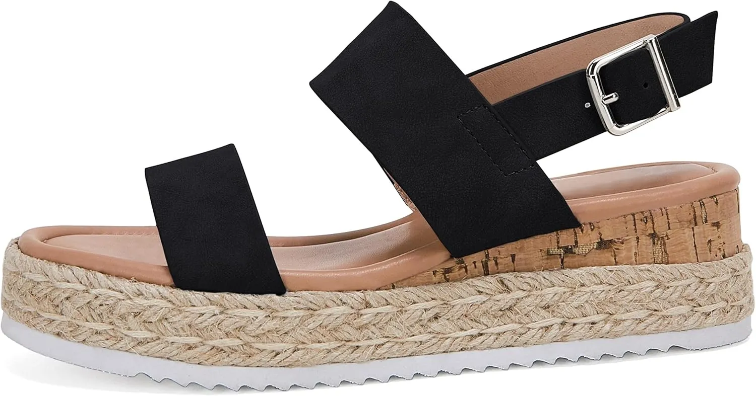 LAICIGO Women’s Open Toe Wedge Platform Espadrilles Ankle Strap Buckle Faux Leather Cork Rubber Summer Sandals