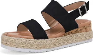 LAICIGO Women’s Open Toe Wedge Platform Espadrilles Ankle Strap Buckle Faux Leather Cork Rubber Summer Sandals