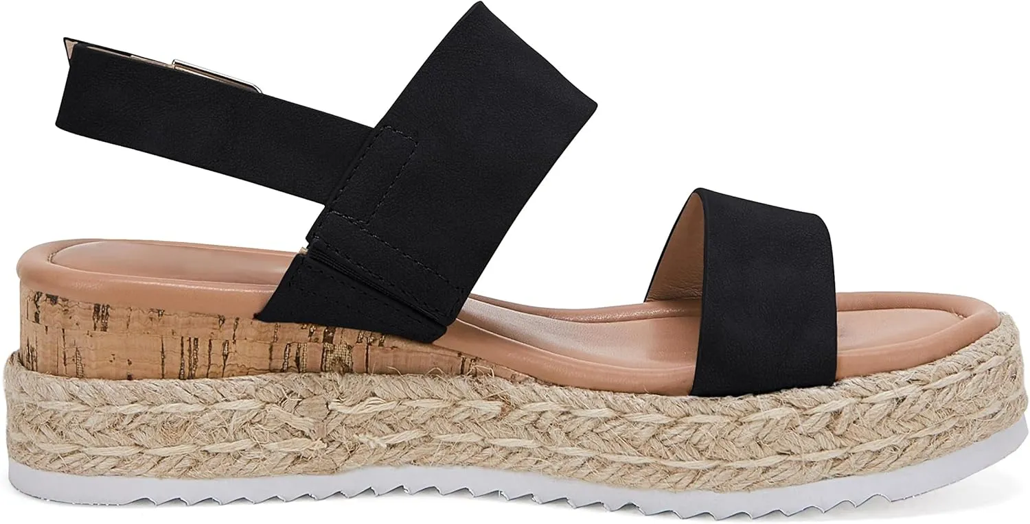 LAICIGO Women’s Open Toe Wedge Platform Espadrilles Ankle Strap Buckle Faux Leather Cork Rubber Summer Sandals