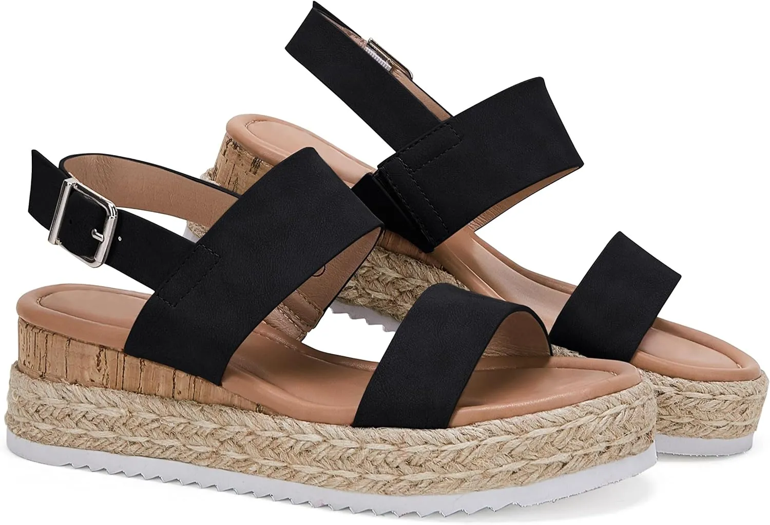 LAICIGO Women’s Open Toe Wedge Platform Espadrilles Ankle Strap Buckle Faux Leather Cork Rubber Summer Sandals