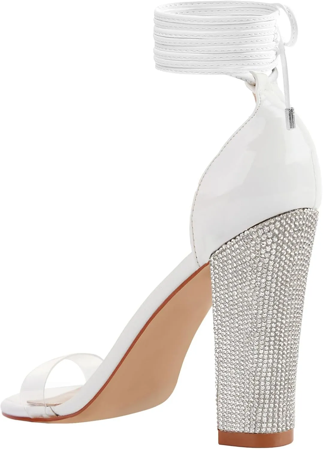 LALA IKAI Chunky Heels Sandals for Women Comfy Open Toe Strappy Rhinestone High Heeled Sandals White Silver Gold Black Ankle Clear Heels for Party Wedding