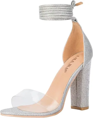 LALA IKAI Chunky Heels Sandals for Women Comfy Open Toe Strappy Rhinestone High Heeled Sandals White Silver Gold Black Ankle Clear Heels for Party Wedding