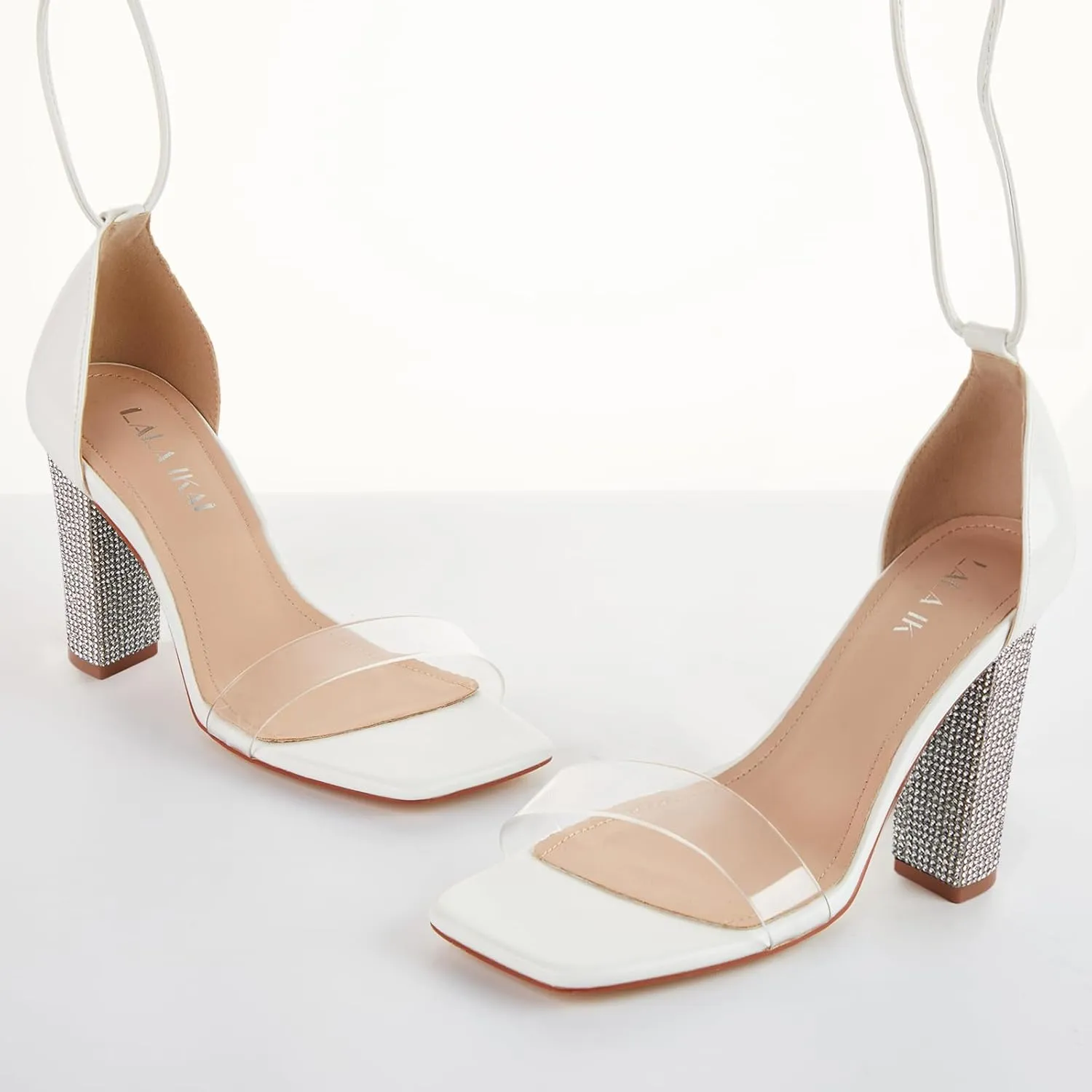 LALA IKAI Chunky Heels Sandals for Women Comfy Open Toe Strappy Rhinestone High Heeled Sandals White Silver Gold Black Ankle Clear Heels for Party Wedding