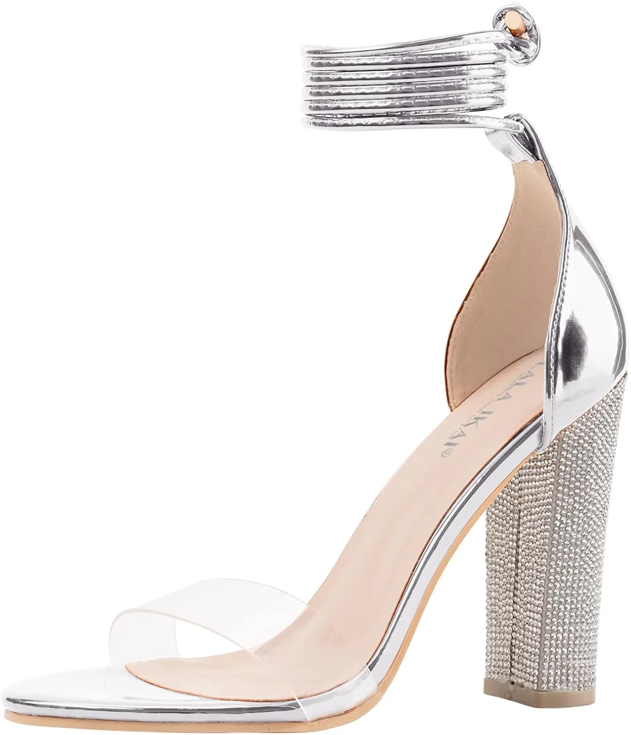 LALA IKAI Chunky Heels Sandals for Women Comfy Open Toe Strappy Rhinestone High Heeled Sandals White Silver Gold Black Ankle Clear Heels for Party Wedding