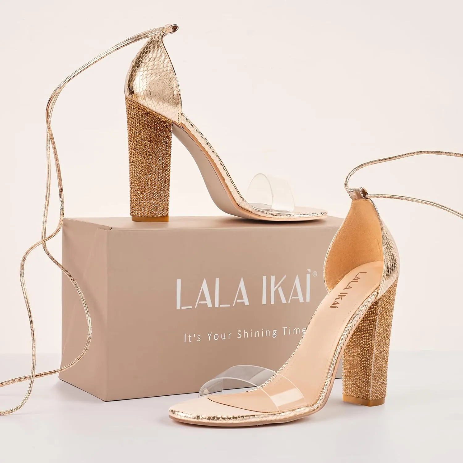 LALA IKAI Chunky Heels Sandals for Women Comfy Open Toe Strappy Rhinestone High Heeled Sandals White Silver Gold Black Ankle Clear Heels for Party Wedding
