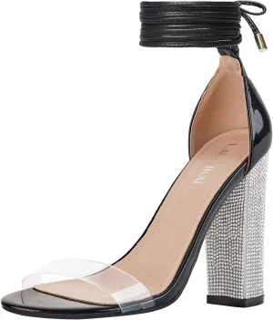 LALA IKAI Chunky Heels Sandals for Women Comfy Open Toe Strappy Rhinestone High Heeled Sandals White Silver Gold Black Ankle Clear Heels for Party Wedding