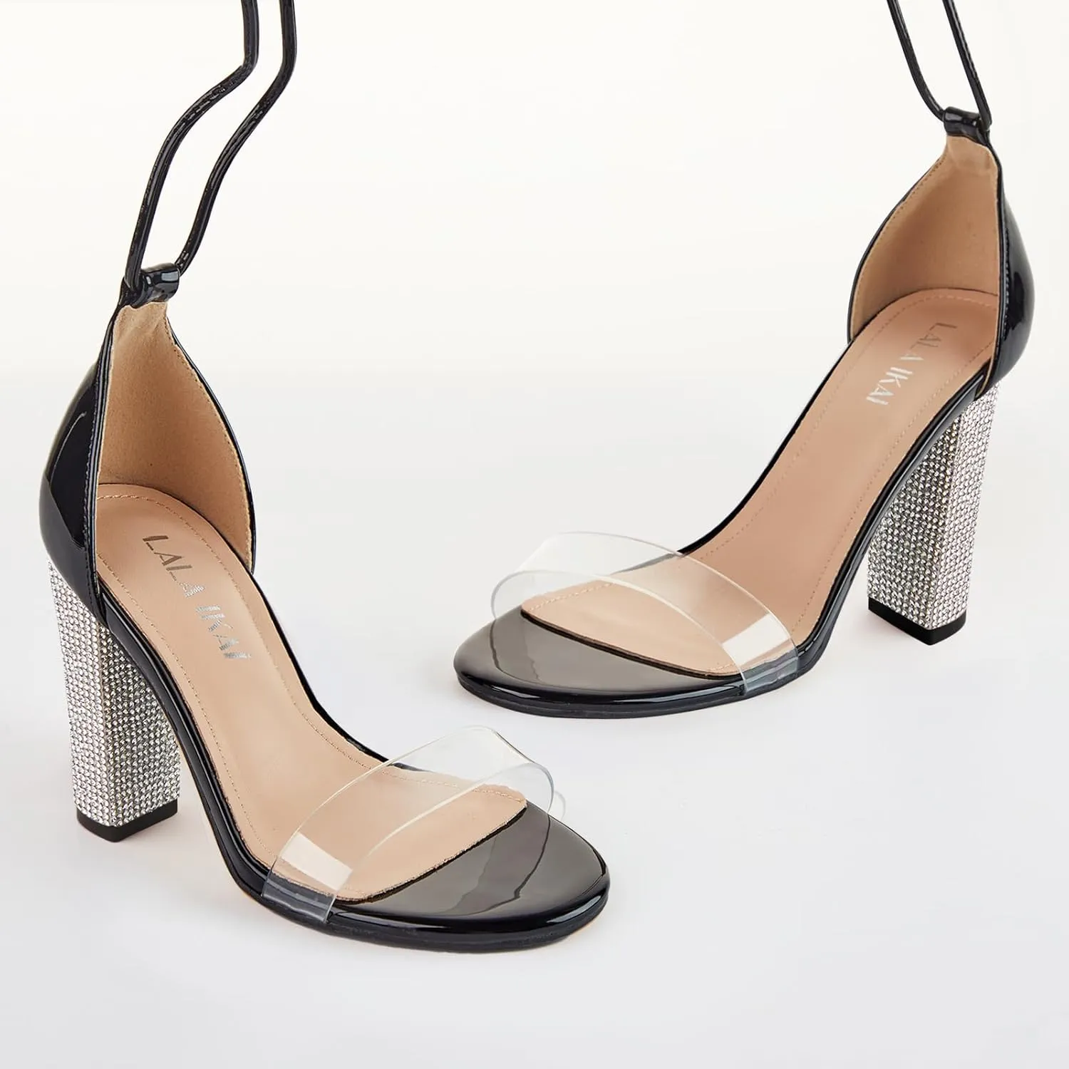 LALA IKAI Chunky Heels Sandals for Women Comfy Open Toe Strappy Rhinestone High Heeled Sandals White Silver Gold Black Ankle Clear Heels for Party Wedding