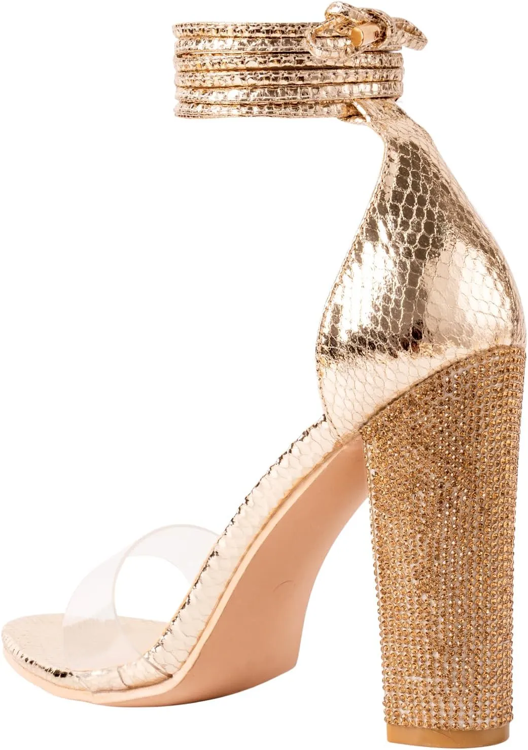 LALA IKAI Chunky Heels Sandals for Women Comfy Open Toe Strappy Rhinestone High Heeled Sandals White Silver Gold Black Ankle Clear Heels for Party Wedding