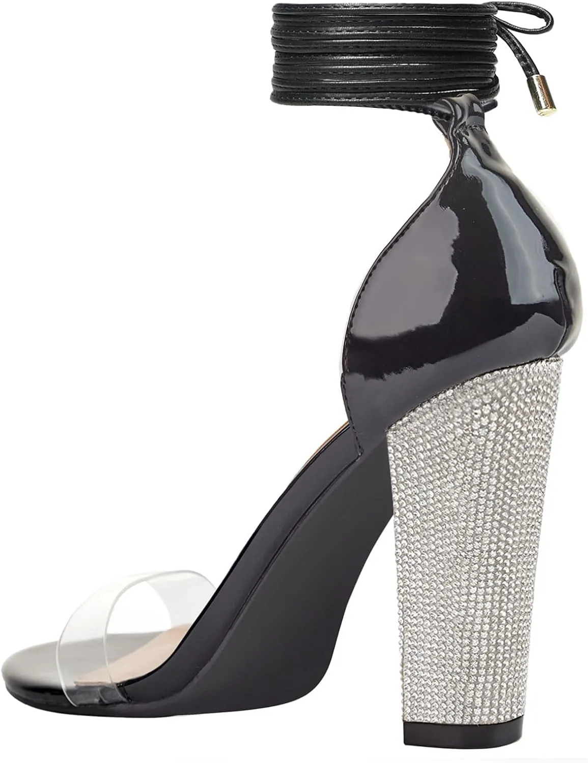 LALA IKAI Chunky Heels Sandals for Women Comfy Open Toe Strappy Rhinestone High Heeled Sandals White Silver Gold Black Ankle Clear Heels for Party Wedding
