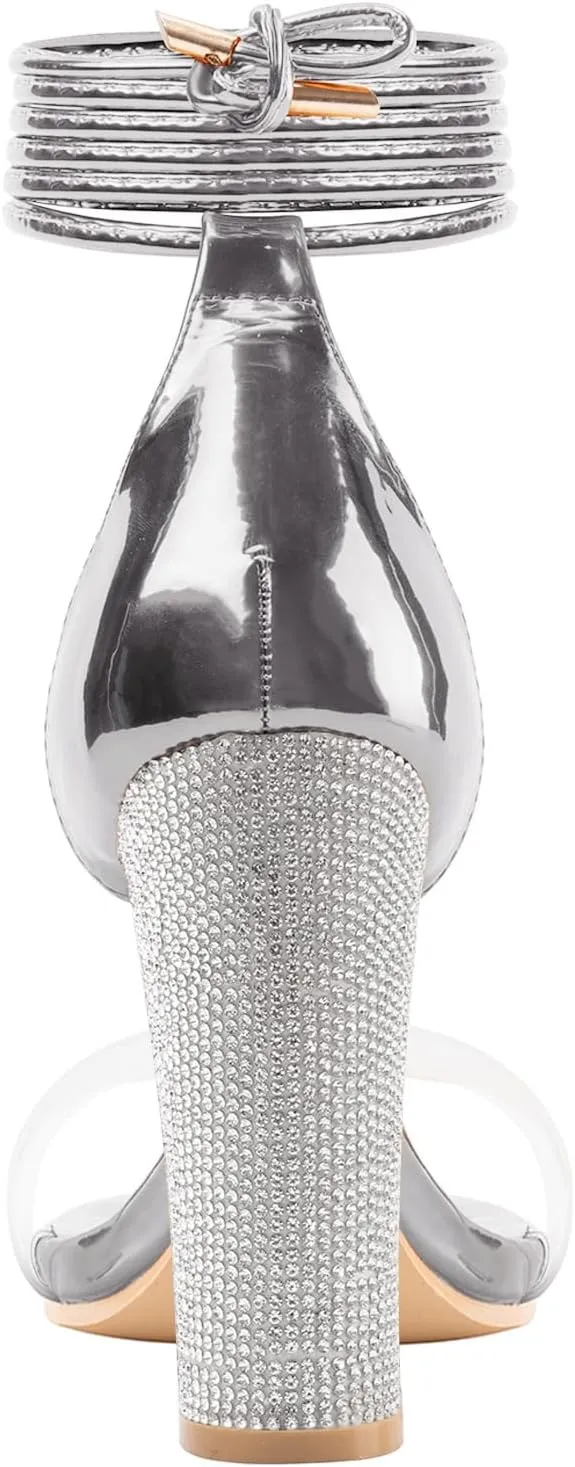 LALA IKAI Chunky Heels Sandals for Women Comfy Open Toe Strappy Rhinestone High Heeled Sandals White Silver Gold Black Ankle Clear Heels for Party Wedding