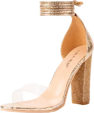 LALA IKAI Chunky Heels Sandals for Women Comfy Open Toe Strappy Rhinestone High Heeled Sandals White Silver Gold Black Ankle Clear Heels for Party Wedding