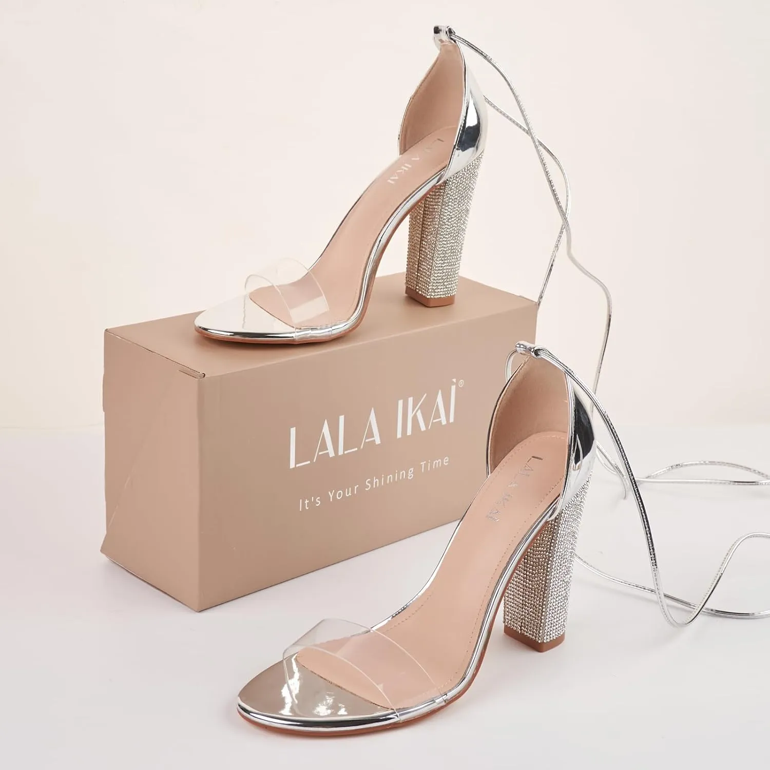 LALA IKAI Chunky Heels Sandals for Women Comfy Open Toe Strappy Rhinestone High Heeled Sandals White Silver Gold Black Ankle Clear Heels for Party Wedding