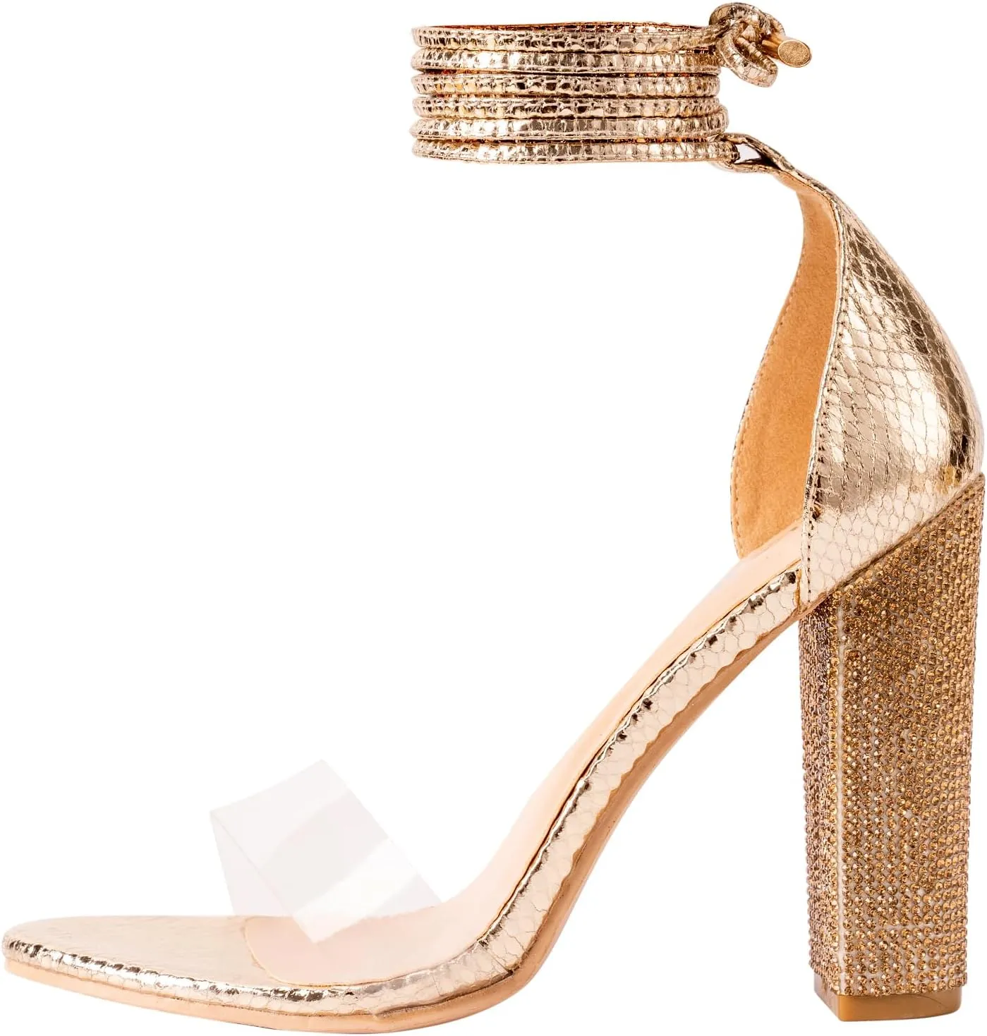 LALA IKAI Chunky Heels Sandals for Women Comfy Open Toe Strappy Rhinestone High Heeled Sandals White Silver Gold Black Ankle Clear Heels for Party Wedding