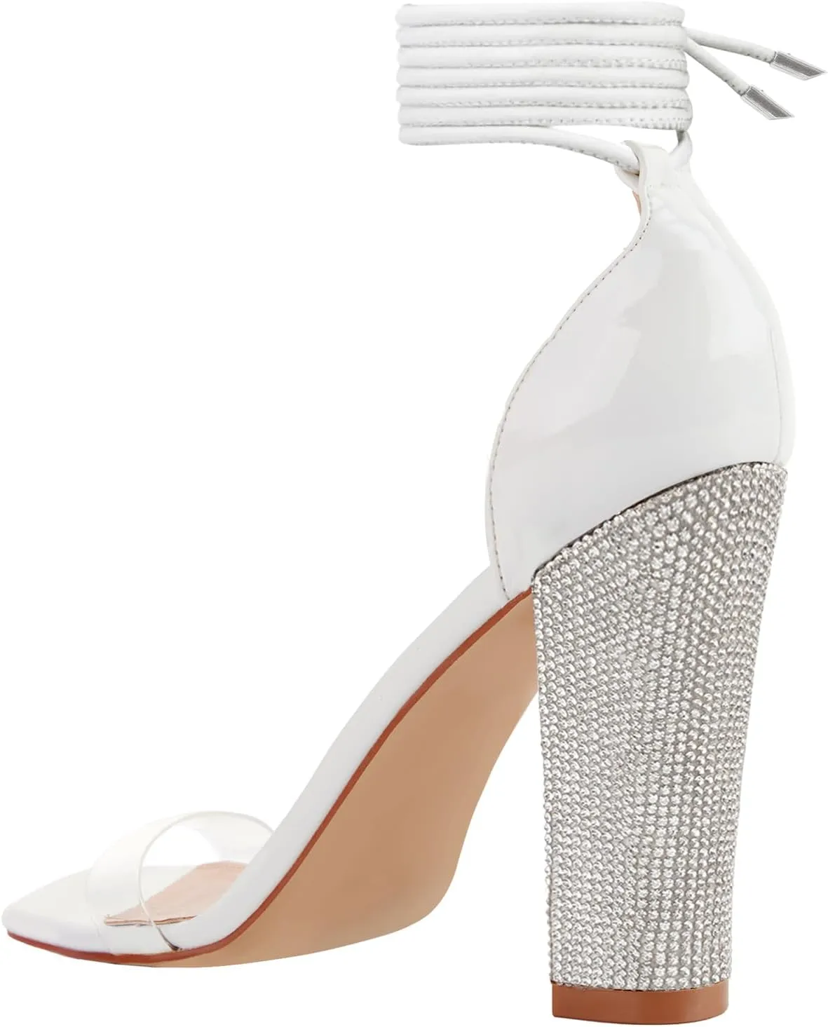 LALA IKAI Chunky Heels Sandals for Women Comfy Open Toe Strappy Rhinestone High Heeled Sandals White Silver Gold Black Ankle Clear Heels for Party Wedding