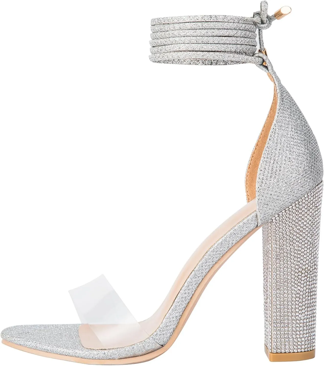 LALA IKAI Chunky Heels Sandals for Women Comfy Open Toe Strappy Rhinestone High Heeled Sandals White Silver Gold Black Ankle Clear Heels for Party Wedding