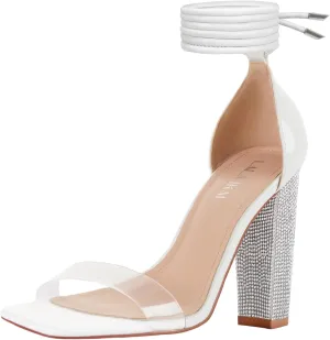 LALA IKAI Chunky Heels Sandals for Women Comfy Open Toe Strappy Rhinestone High Heeled Sandals White Silver Gold Black Ankle Clear Heels for Party Wedding