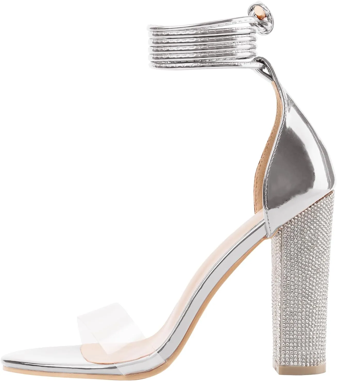LALA IKAI Chunky Heels Sandals for Women Comfy Open Toe Strappy Rhinestone High Heeled Sandals White Silver Gold Black Ankle Clear Heels for Party Wedding