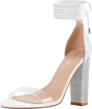 LALA IKAI Chunky Heels Sandals for Women Comfy Open Toe Strappy Rhinestone High Heeled Sandals White Silver Gold Black Ankle Clear Heels for Party Wedding